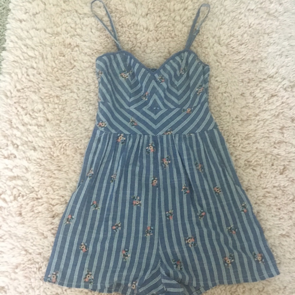 blue striped floral romper